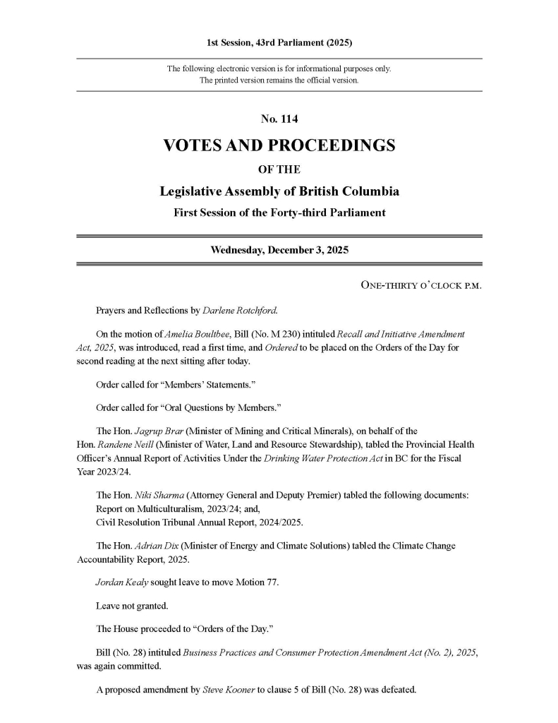 The first page of the Votes and Proceedings on Dec 3, 2025.