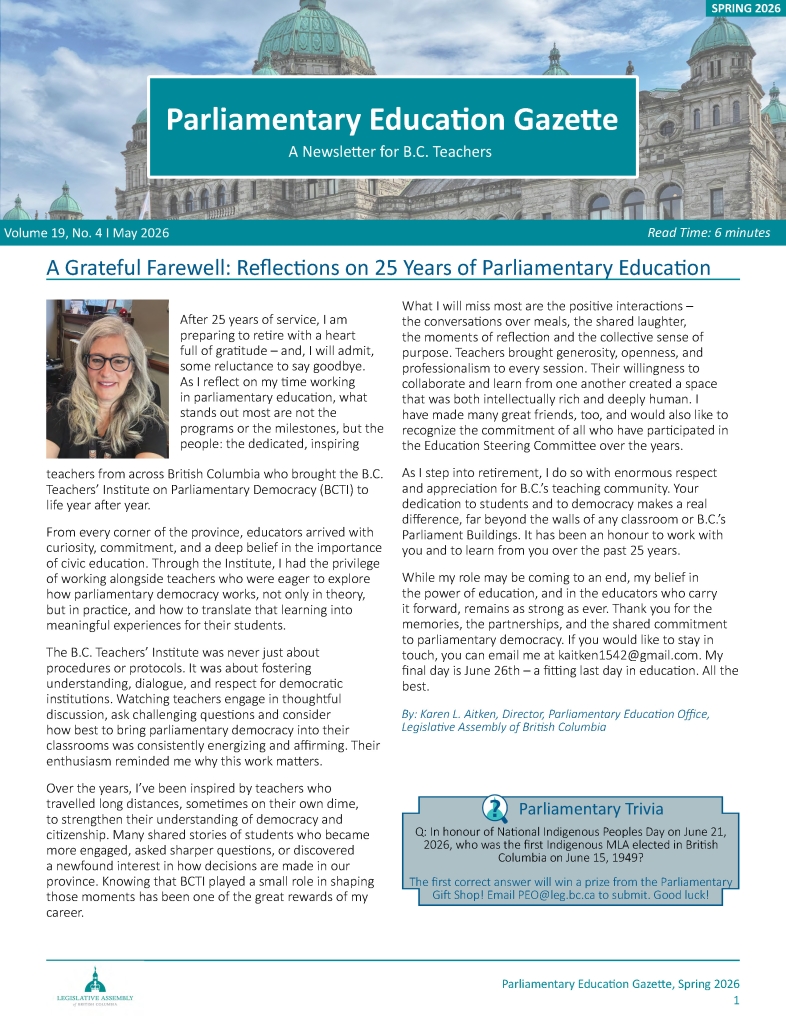 BCTI Gazette: A Parliamentary Education Newsletter for BC Teachers, May 2026 edition