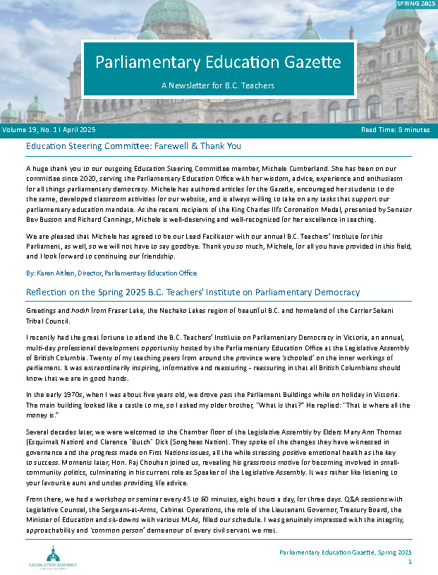 BCTI Gazette: A Parliamentary Education Newsletter for BC Teachers, April 2025 edition