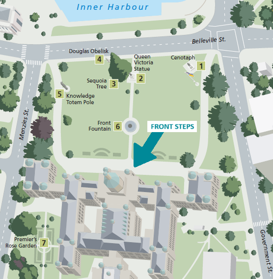 Map showing that the Front Steps are on the north side of the building. The meeting location is at the north side of the building.
